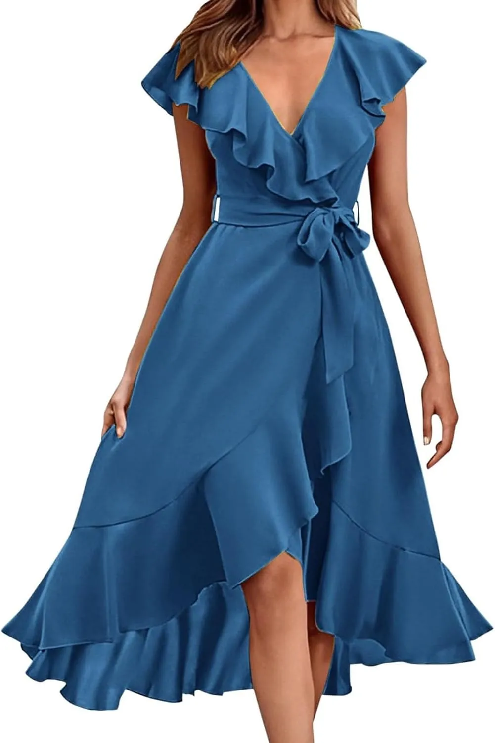 2025 Dresses for Women Summer Bohemian Wrap Midi Dress Sexy V Neck Wedding Guest Dress Ruffle Hem Split Beach Dresses