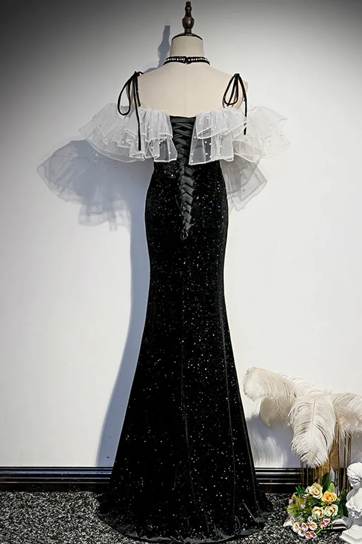 Black Velvet Long Prom Dresses Mermaid Evening Dresses Sparkly Without Neck accessories