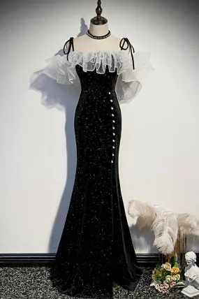 Black Velvet Long Prom Dresses Mermaid Evening Dresses Sparkly Without Neck accessories