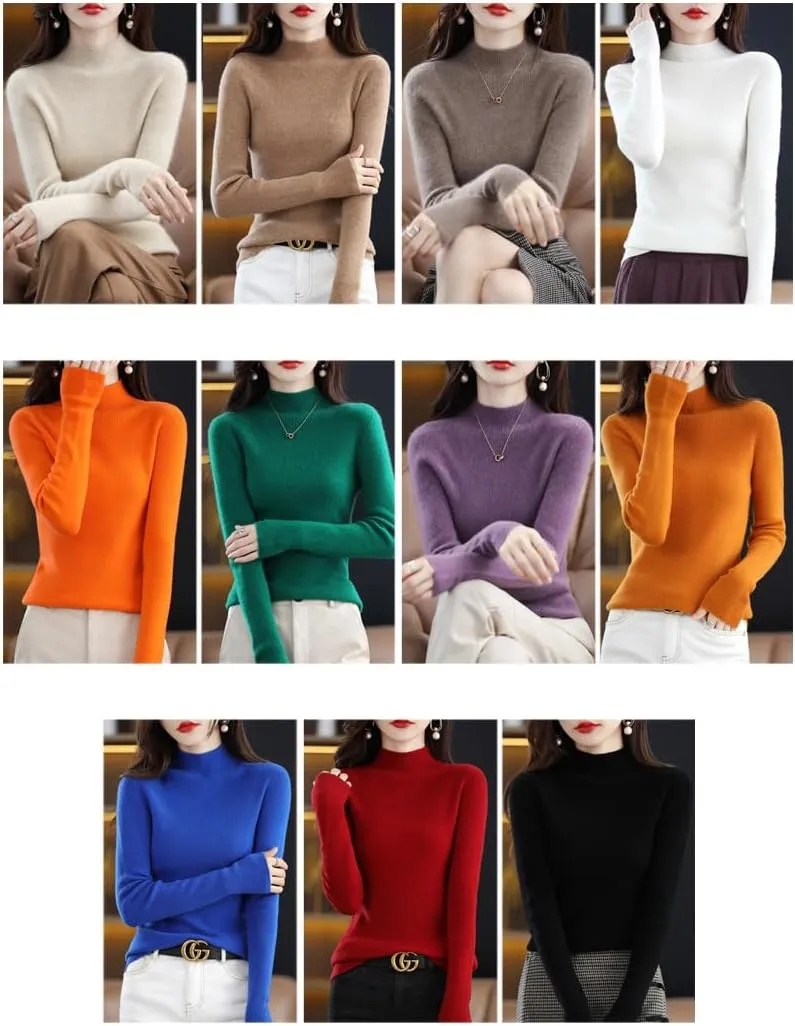Cashmere Sweaters for Women, Cashmere Crew Neck Half Turtleneck Solid Color Long Sleeve Soft Pullover Sweater Knitted Jumpers,L,Black