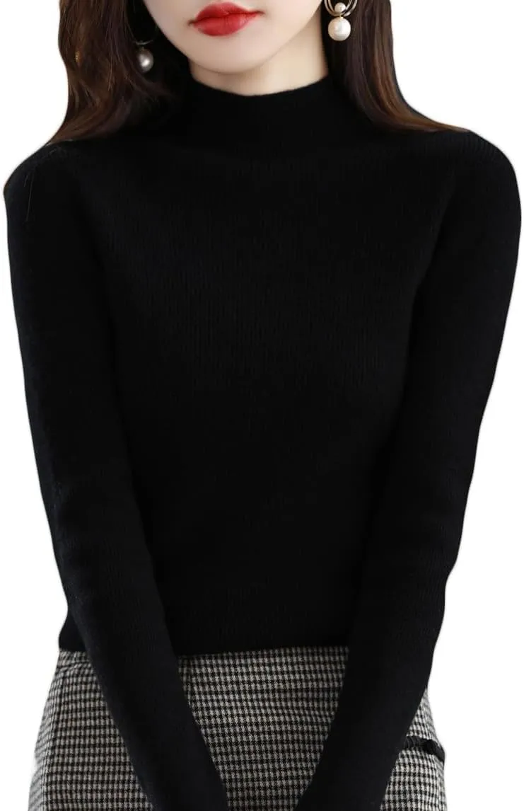 Cashmere Sweaters for Women, Cashmere Crew Neck Half Turtleneck Solid Color Long Sleeve Soft Pullover Sweater Knitted Jumpers,L,Black