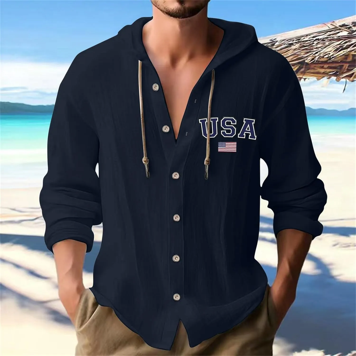 Cotton Shirts for Men Long Sleeve Drawstring Pullover Sweatshirt Casual Button Down Breathable Summer Tops with Hood