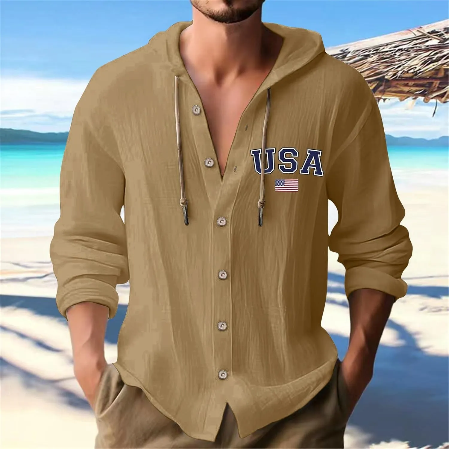 Cotton Shirts for Men Long Sleeve Drawstring Pullover Sweatshirt Casual Button Down Breathable Summer Tops with Hood