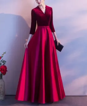 Dark Red Satin and Velvet Simple Long Wedding Party Dress Evening Dresses Prom Dresses Elegant Wholesale