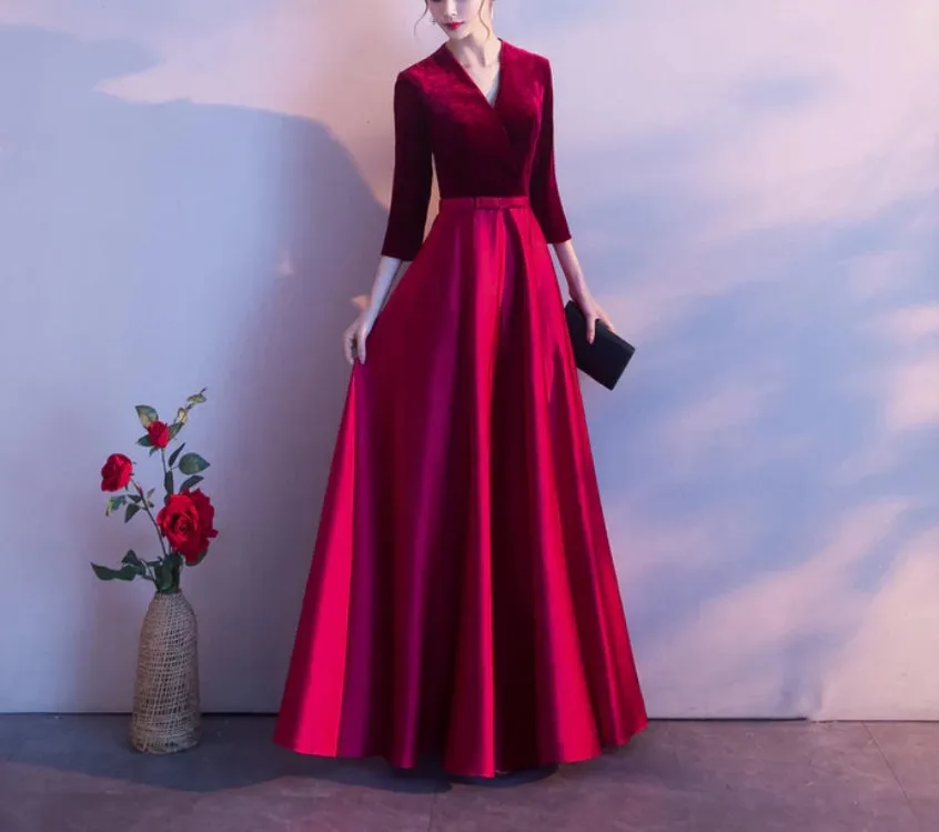 Dark Red Satin and Velvet Simple Long Wedding Party Dress Evening Dresses Prom Dresses Elegant Wholesale