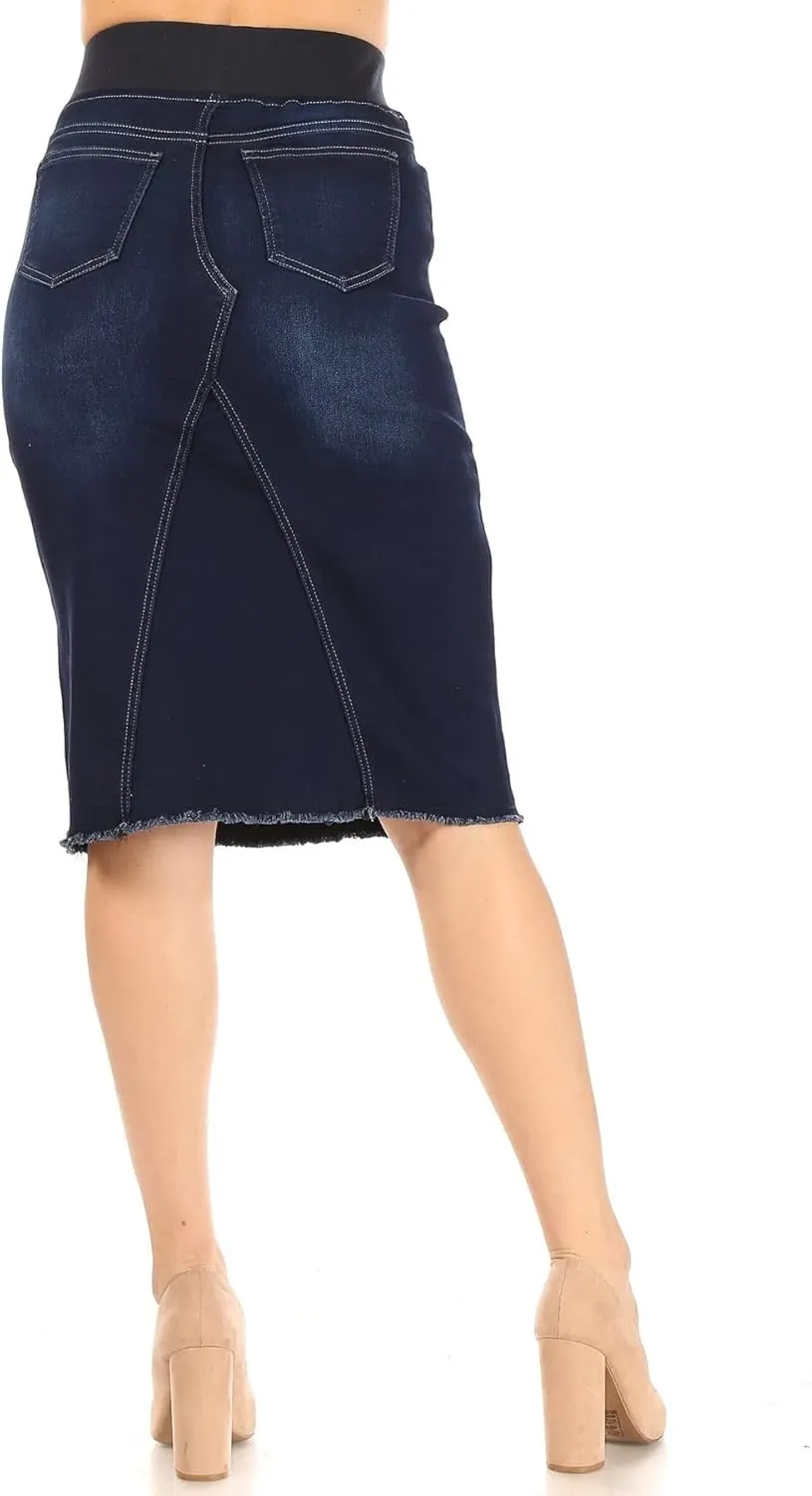 Fashion2Love Women's High Waisted Shaping Pull-On Stretch Denim Calf Length Skirt (77617)
