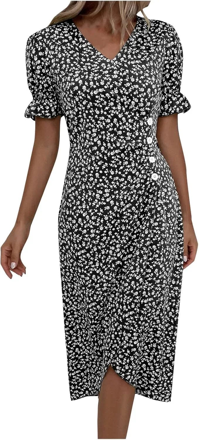 Formal Midi Dresses for Women Ruffled Short Sleeve V Neck Irregular Hem Dress A-line Boho Floral Wedding Guest Dress