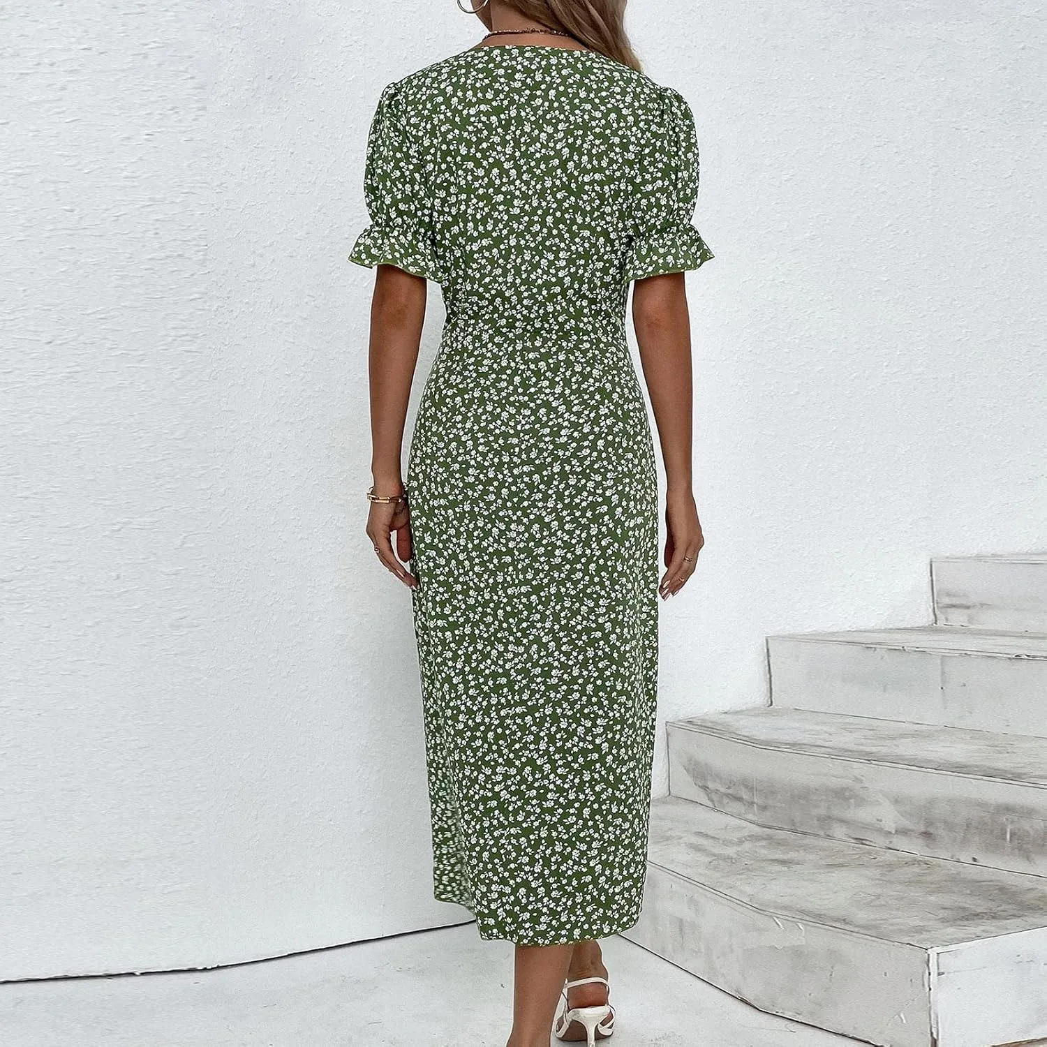 Formal Midi Dresses for Women Ruffled Short Sleeve V Neck Irregular Hem Dress A-line Boho Floral Wedding Guest Dress