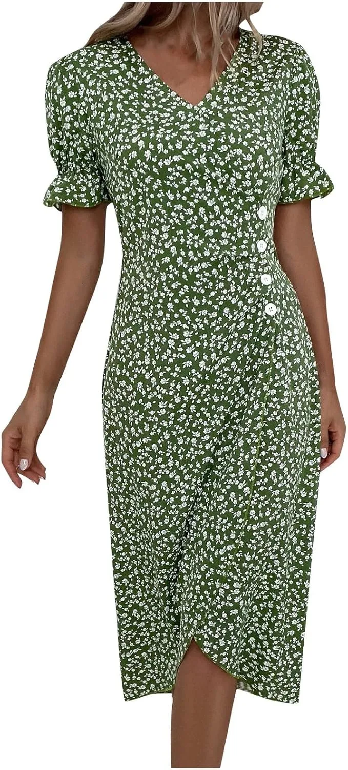 Formal Midi Dresses for Women Ruffled Short Sleeve V Neck Irregular Hem Dress A-line Boho Floral Wedding Guest Dress