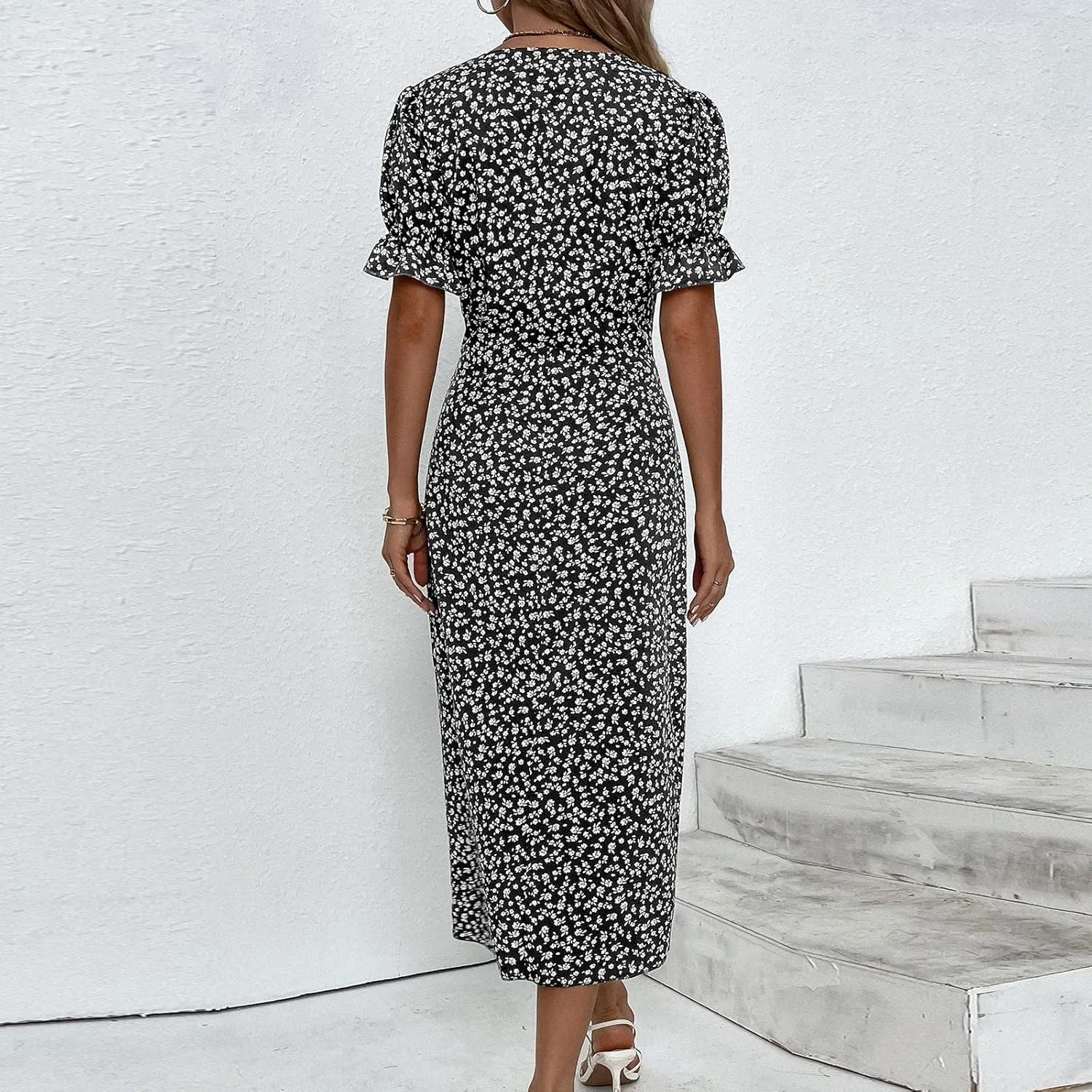 Formal Midi Dresses for Women Ruffled Short Sleeve V Neck Irregular Hem Dress A-line Boho Floral Wedding Guest Dress