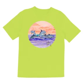 Girl's Dolphins Jumping Short Sleeve Green T-Shirt