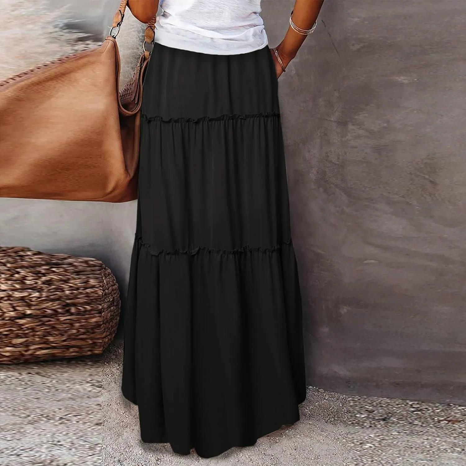 High Waisted Trendy Maxi Skirt, Elegantes Boho Flowy Vacation 2025 Long Skirt