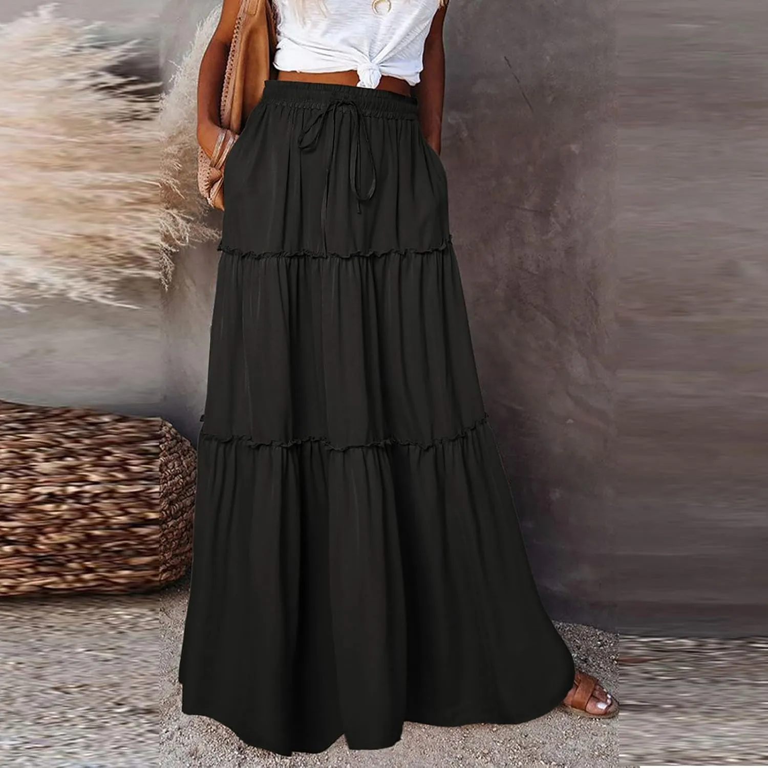 High Waisted Trendy Maxi Skirt, Elegantes Boho Flowy Vacation 2025 Long Skirt