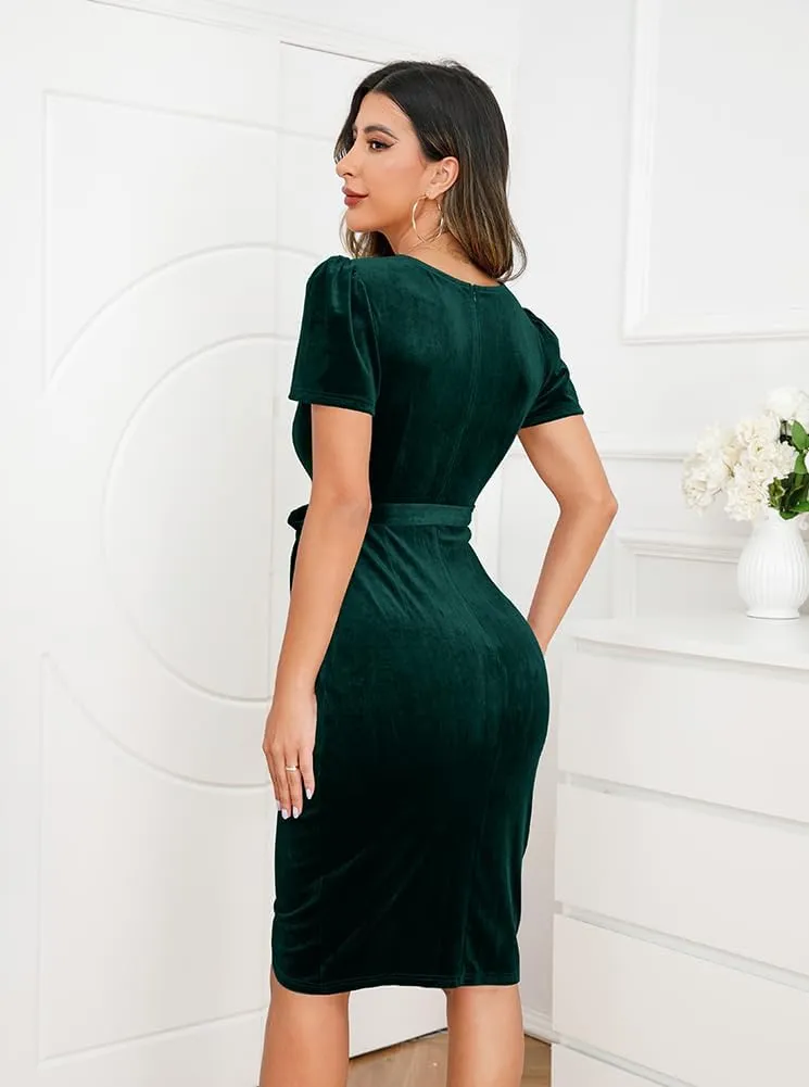 IHOT 2024 Women's Sexy V Neck Wrap Velvet Dress Short Sleeve Ruched Sheath Bodycon Cocktail Party Dress