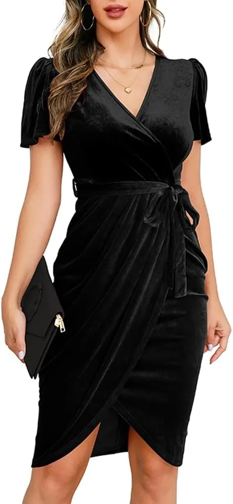 IHOT 2024 Women's Sexy V Neck Wrap Velvet Dress Short Sleeve Ruched Sheath Bodycon Cocktail Party Dress
