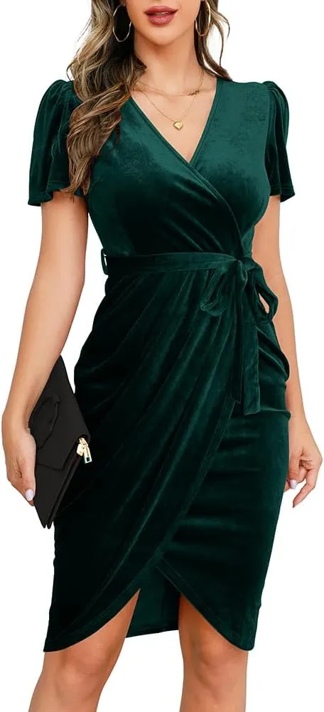 IHOT 2024 Women's Sexy V Neck Wrap Velvet Dress Short Sleeve Ruched Sheath Bodycon Cocktail Party Dress