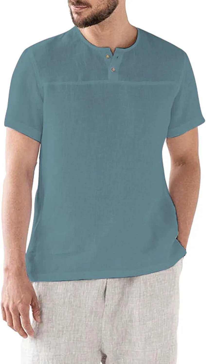 Linen Henley Shirt for Men Summer Solid Casual Trendy Tees Lightweight Breathable Athletic-Fit Button Up Beach Tops