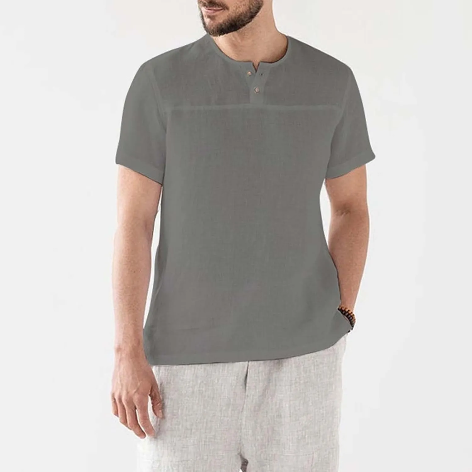 Linen Henley Shirt for Men Summer Solid Casual Trendy Tees Lightweight Breathable Athletic-Fit Button Up Beach Tops