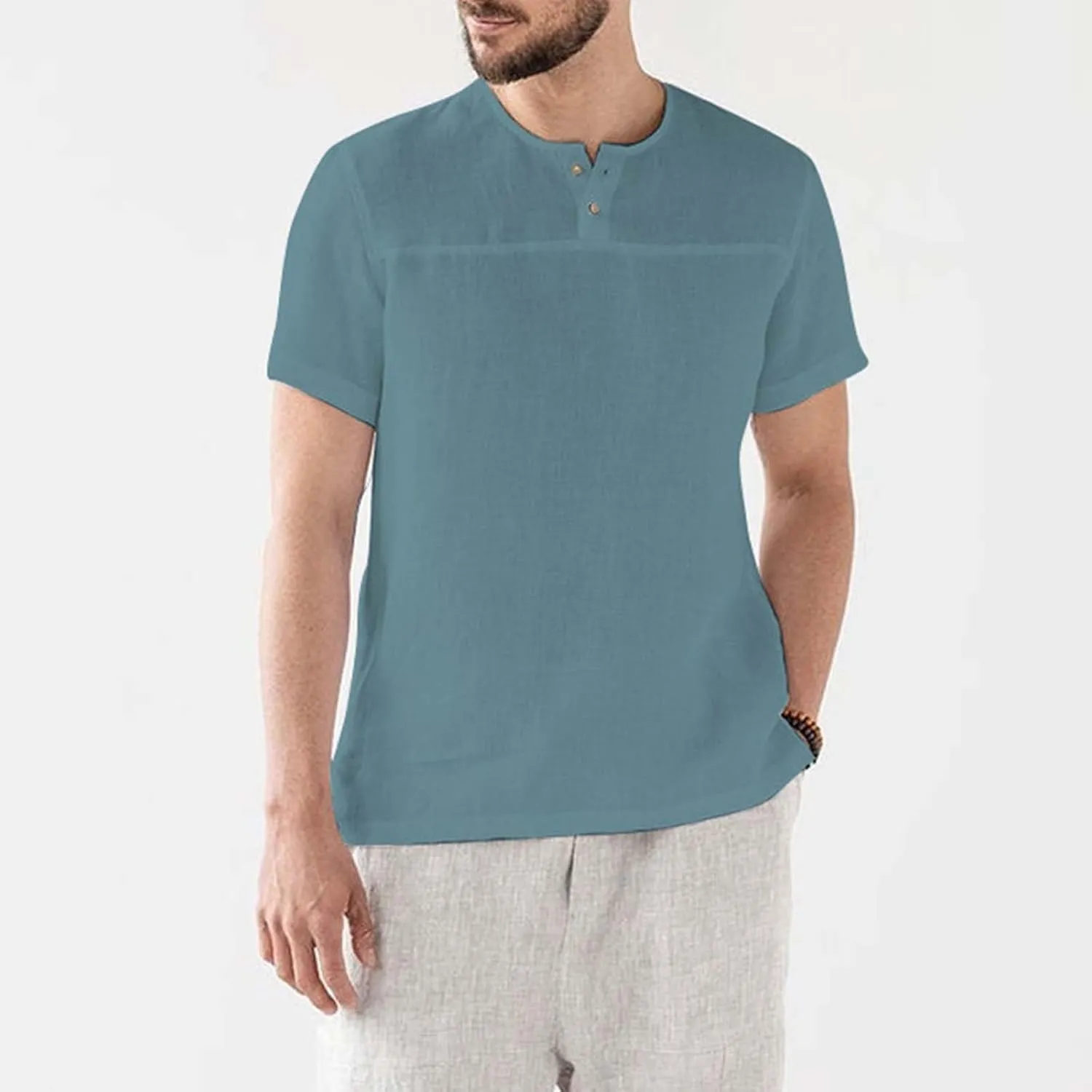 Linen Henley Shirt for Men Summer Solid Casual Trendy Tees Lightweight Breathable Athletic-Fit Button Up Beach Tops