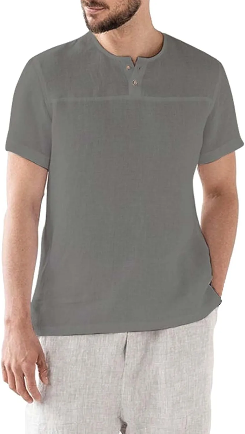 Linen Henley Shirt for Men Summer Solid Casual Trendy Tees Lightweight Breathable Athletic-Fit Button Up Beach Tops
