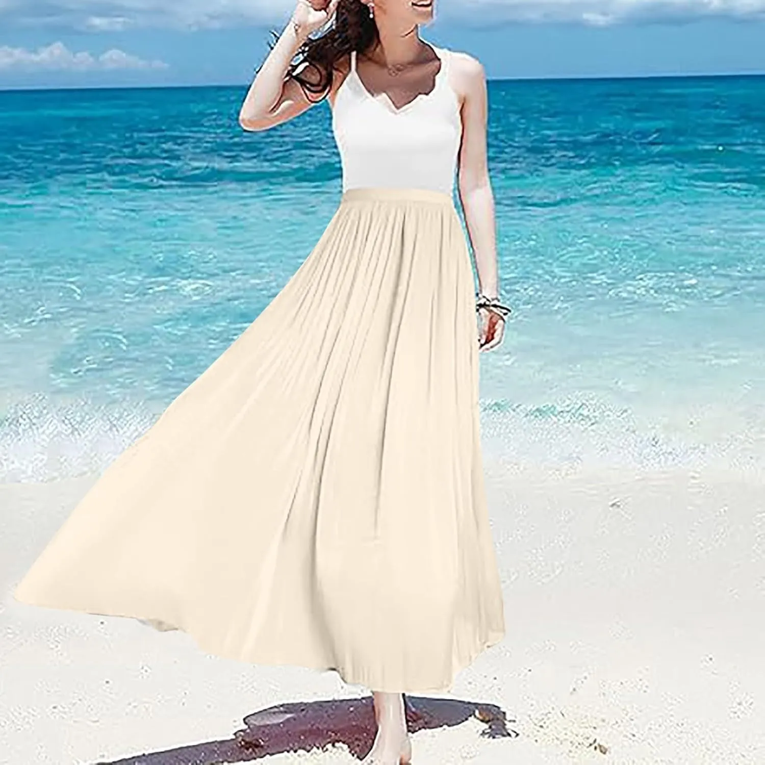 Long Maxi Skirts for Women Summer Flared A-Line Loose High Elastic Waist Pleated Skirts for Vacation Streetwear 2025