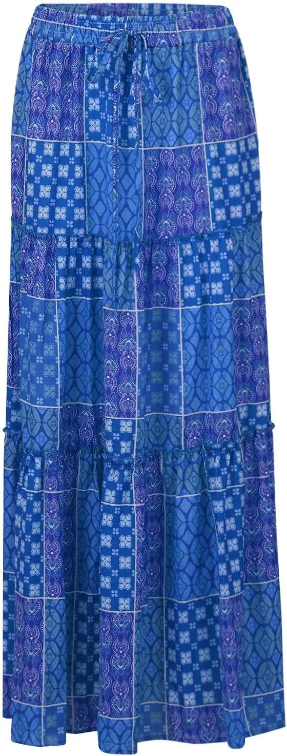 Long Skirts for Women High Waisted Boho Print Trendy Tiered Flowy Maxi Skirts with Side Pockets
