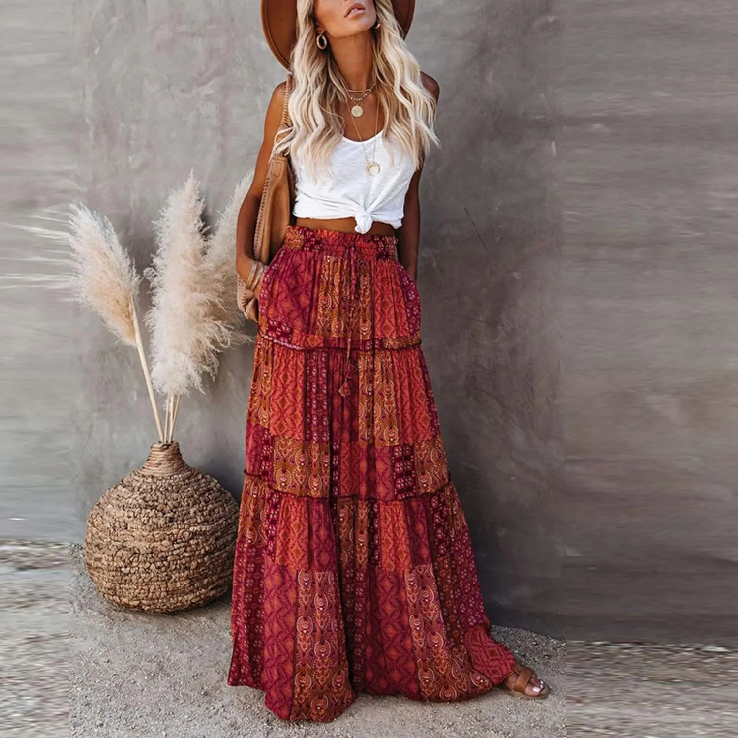 Long Skirts for Women High Waisted Boho Print Trendy Tiered Flowy Maxi Skirts with Side Pockets