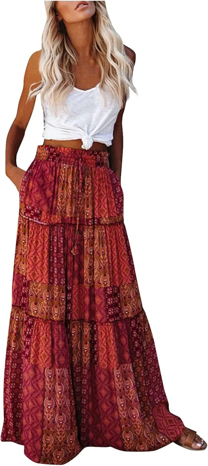 Long Skirts for Women High Waisted Boho Print Trendy Tiered Flowy Maxi Skirts with Side Pockets