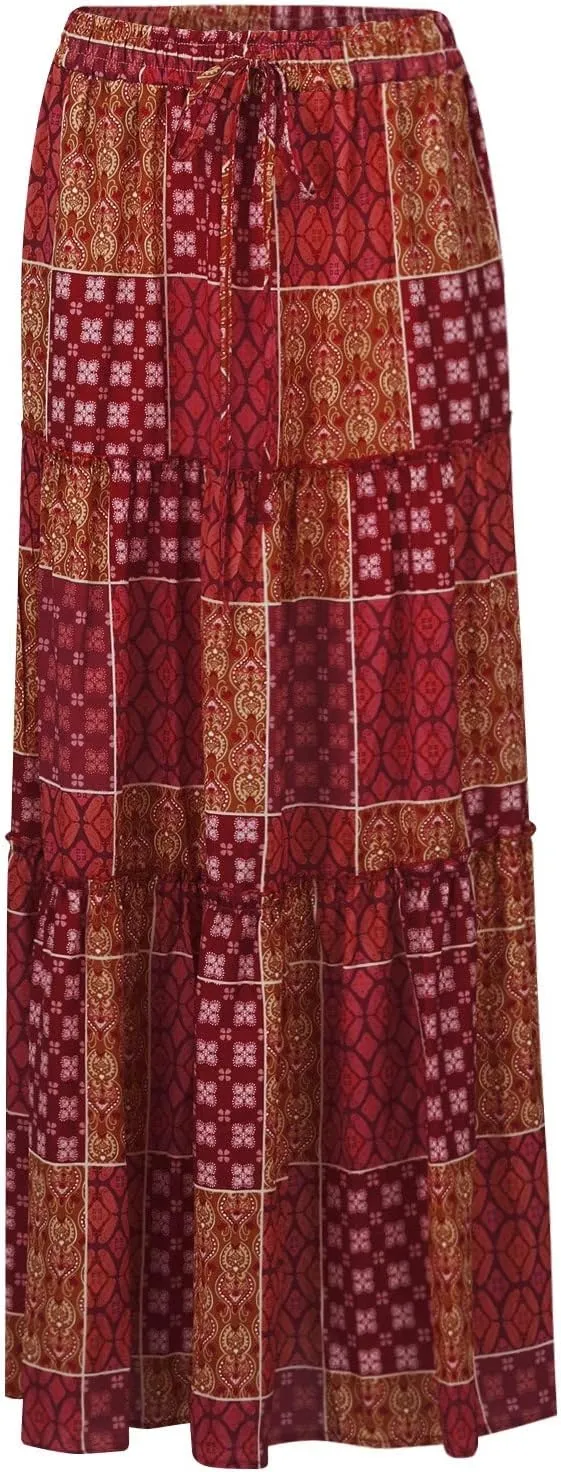 Long Skirts for Women High Waisted Boho Print Trendy Tiered Flowy Maxi Skirts with Side Pockets