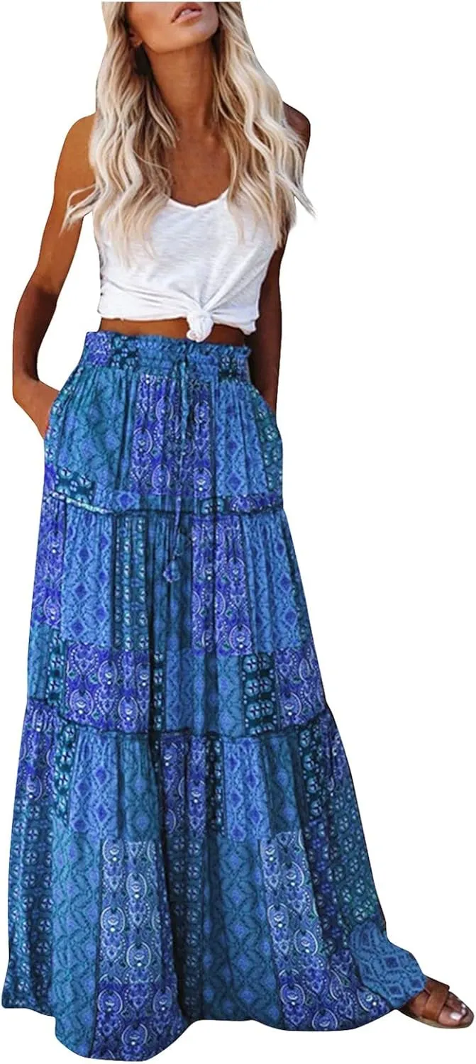Long Skirts for Women High Waisted Boho Print Trendy Tiered Flowy Maxi Skirts with Side Pockets