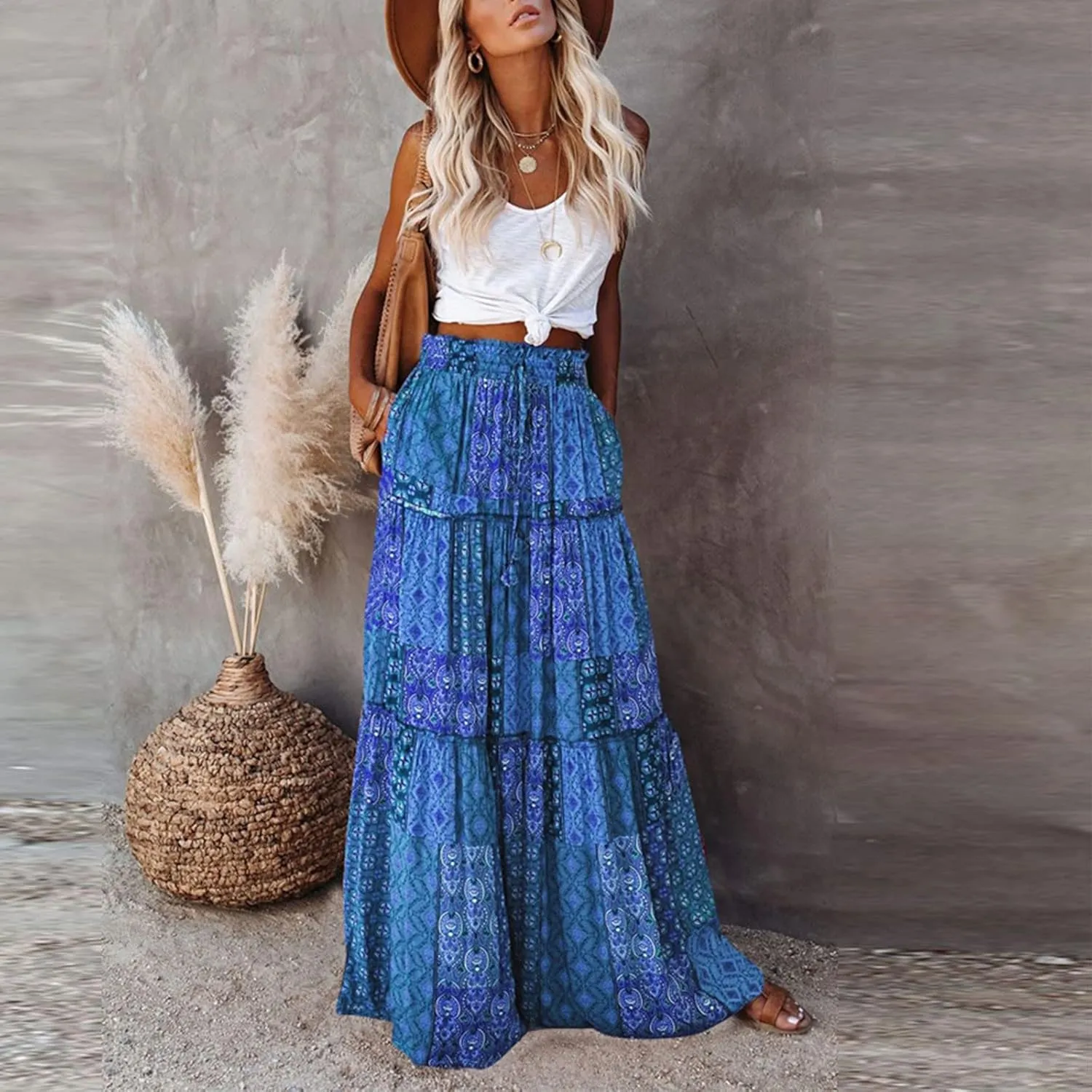 Long Skirts for Women High Waisted Boho Print Trendy Tiered Flowy Maxi Skirts with Side Pockets