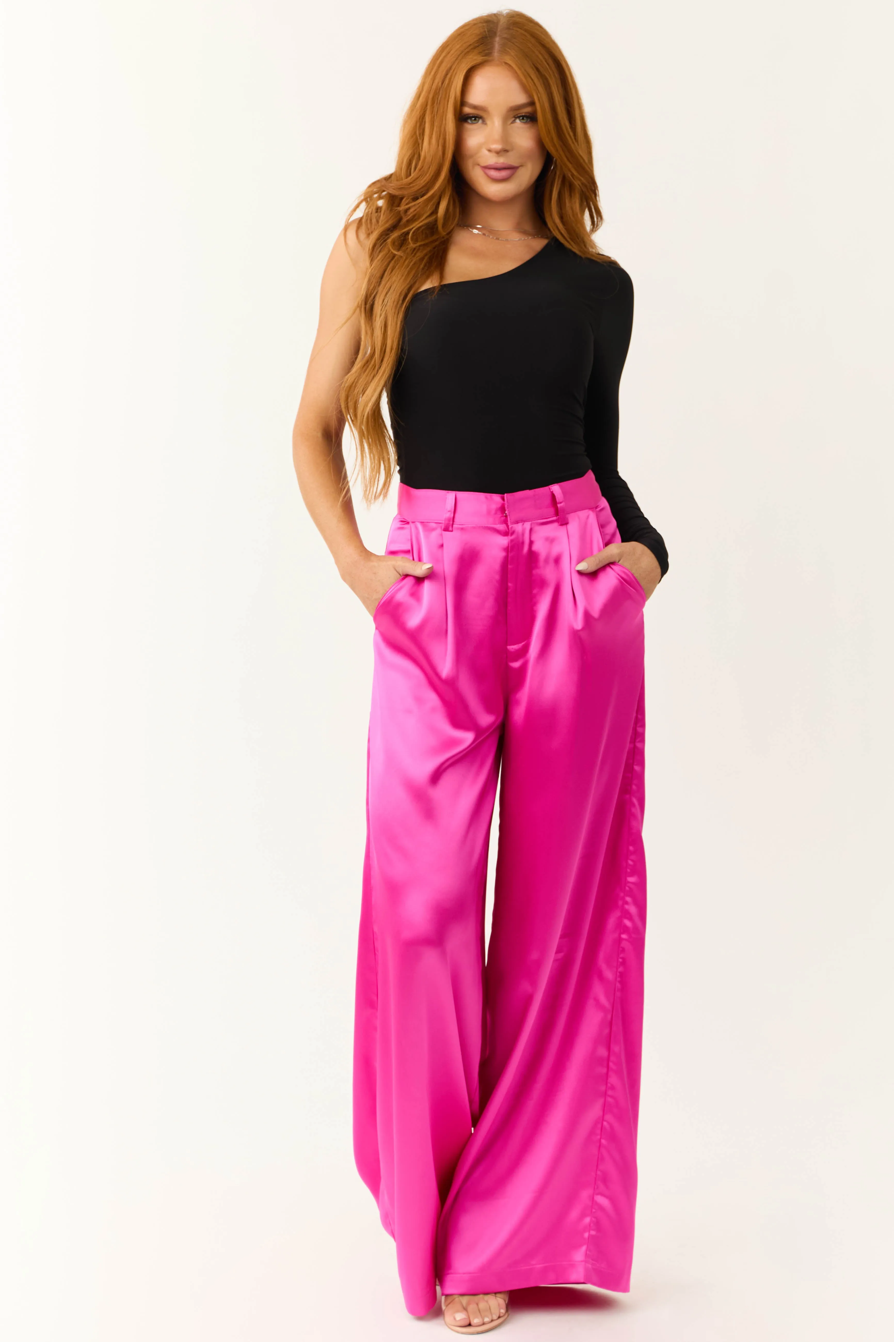 Magenta High Rise Wide Leg Satin Trousers
