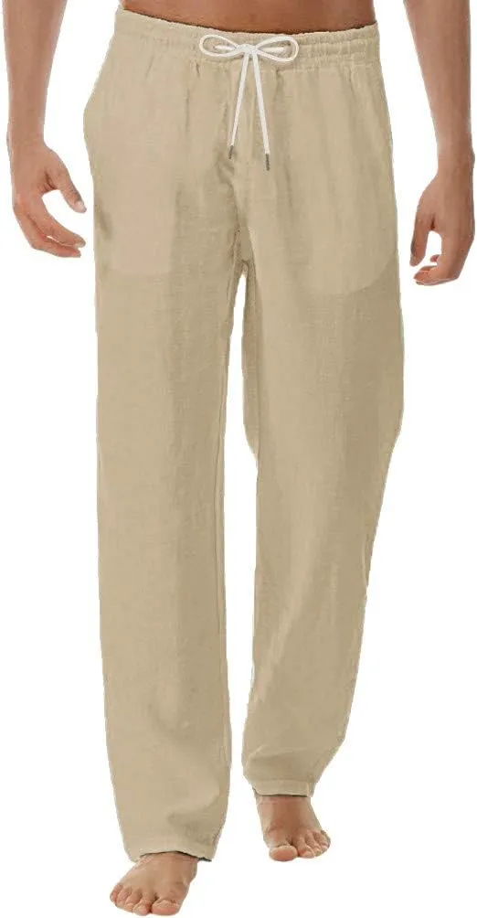 Mens Beach Linen Pants Big and Tall Summer Pants Casual Breathable Pants Elastic Waist Baggy Pants Loose Fit Pants