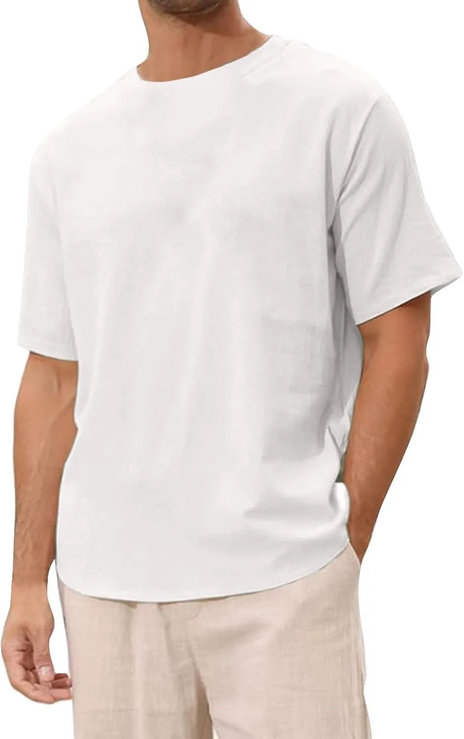 Mens Cotton Linen T Shirts Short Sleeve Crewneck Casual Shirts Summer Breathable Lightweight Vacation Pullover Tops