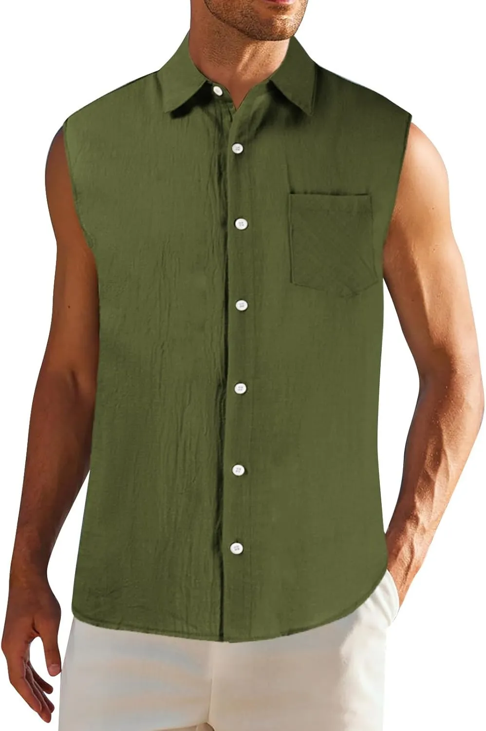 Men's Linen Cotton Tank Top Solid Color Sleeveless Single Breasted Lapel Vest Quick Dry Breathable Island Summer Beach Shirt
