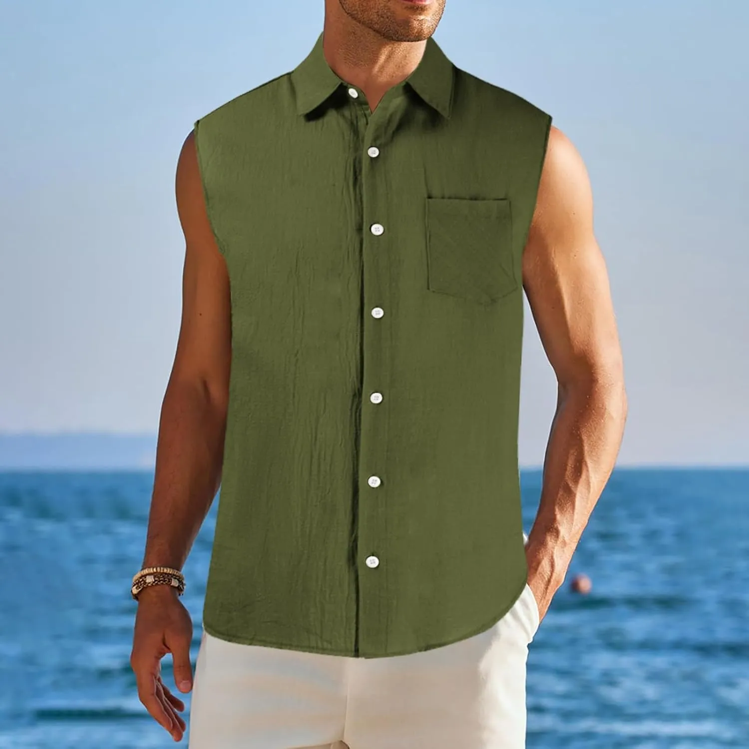 Men's Linen Cotton Tank Top Solid Color Sleeveless Single Breasted Lapel Vest Quick Dry Breathable Island Summer Beach Shirt