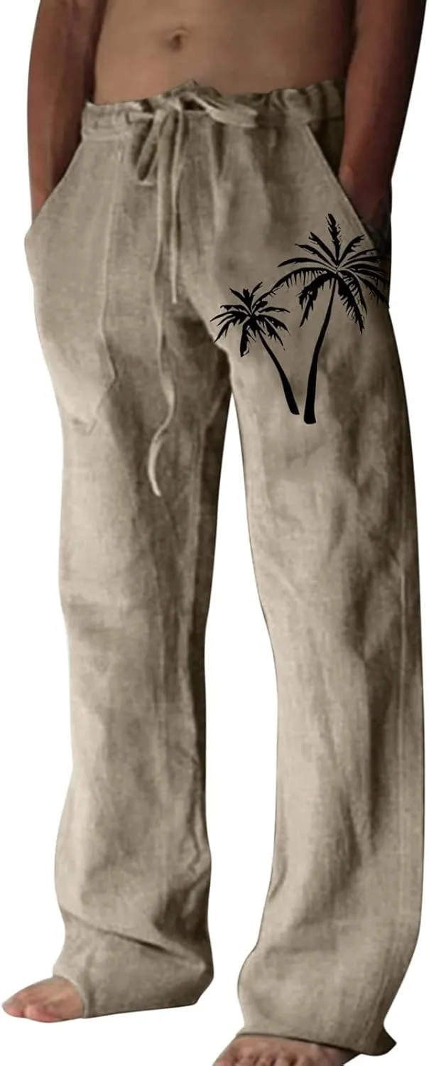 Mens Linen Pants Casual Print Summer Beach Pants Elastic Wasist Drawstring Pants with Pockets Straight Fit Trousers