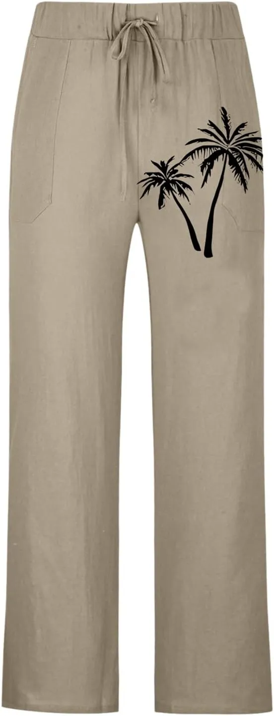 Mens Linen Pants Casual Print Summer Beach Pants Elastic Wasist Drawstring Pants with Pockets Straight Fit Trousers