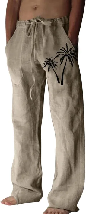 Mens Linen Pants Casual Print Summer Beach Pants Elastic Wasist Drawstring Pants with Pockets Straight Fit Trousers