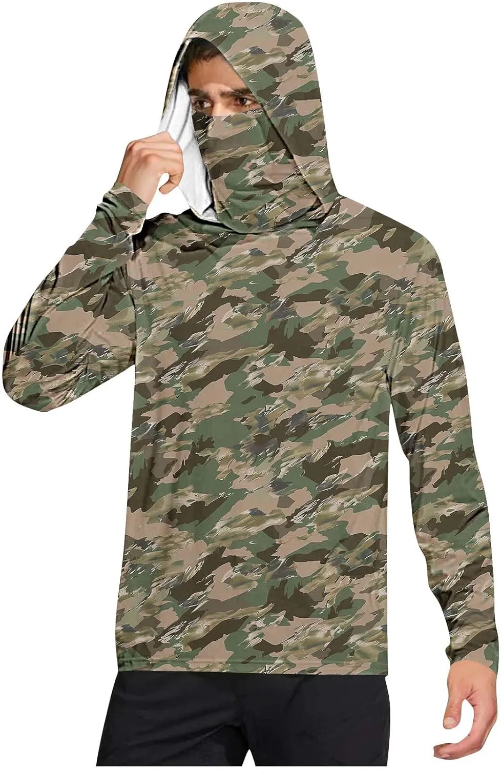 Mens Sun Protection Shirts UPF 50 Long Sleeve Hoodie Breathable Lightweight Beach Fishing UV SPF T-Shirts with Mask