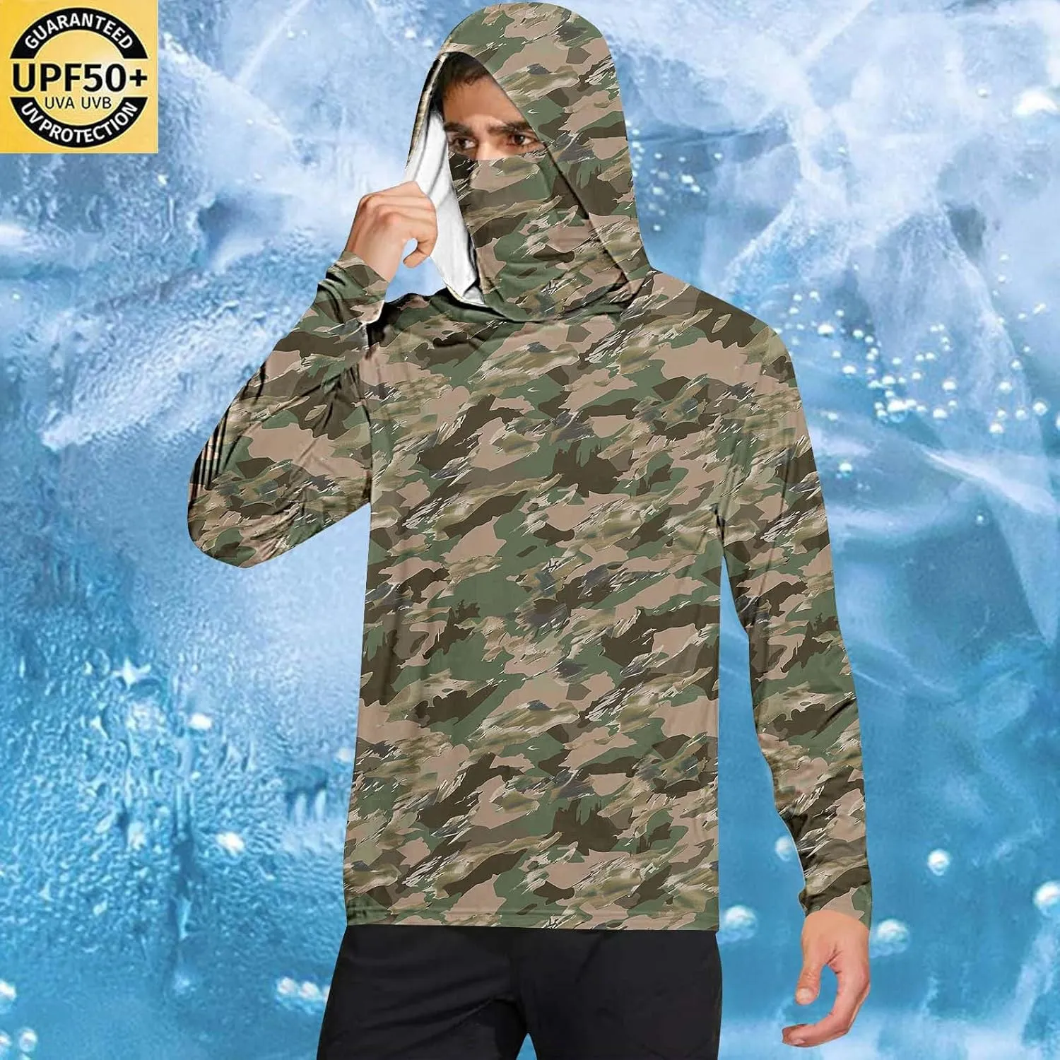 Mens Sun Protection Shirts UPF 50 Long Sleeve Hoodie Breathable Lightweight Beach Fishing UV SPF T-Shirts with Mask