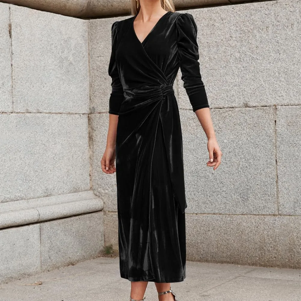 OBEEII Women's V Neck Wrap Velvet Dress Long Sleeve Elegant Ruched Bodycon Cocktail Party Fall Wedding Guest Dresses