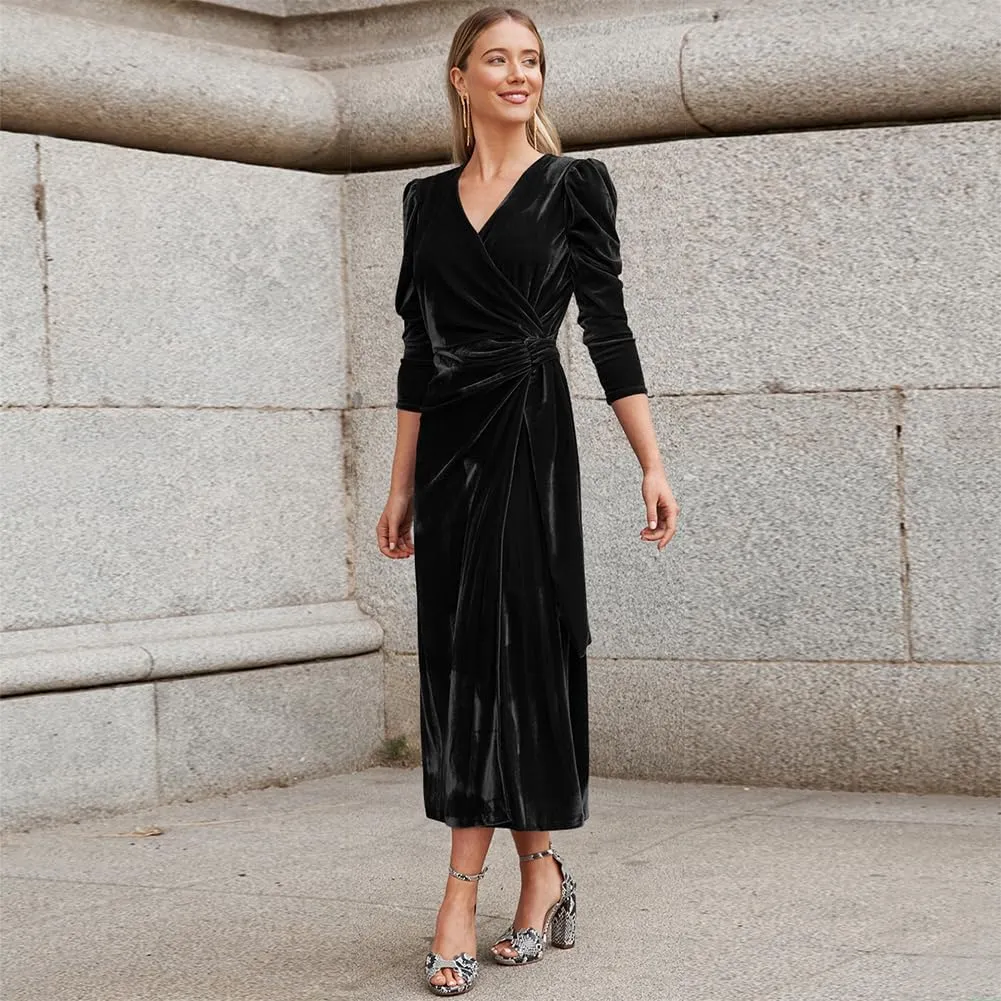 OBEEII Women's V Neck Wrap Velvet Dress Long Sleeve Elegant Ruched Bodycon Cocktail Party Fall Wedding Guest Dresses