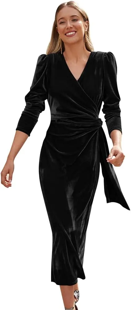 OBEEII Women's V Neck Wrap Velvet Dress Long Sleeve Elegant Ruched Bodycon Cocktail Party Fall Wedding Guest Dresses