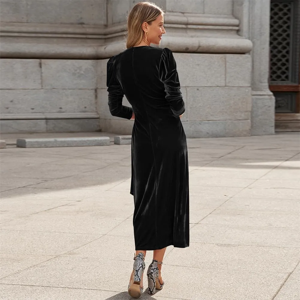 OBEEII Women's V Neck Wrap Velvet Dress Long Sleeve Elegant Ruched Bodycon Cocktail Party Fall Wedding Guest Dresses