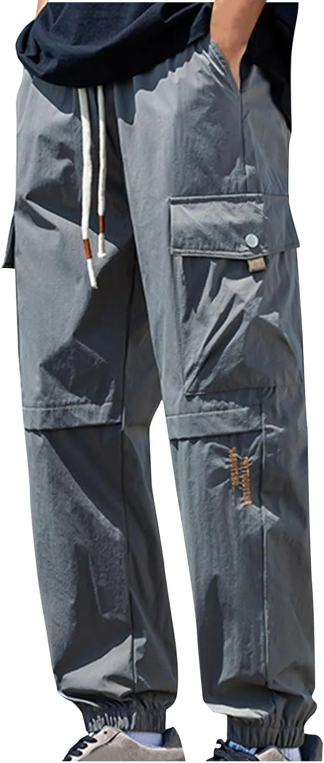 Outdoor Hiking Pants for Men Plus Size Solid Loose Fit Trouser Casual Fashion Elastic Waist Comfy Pant with Pockets