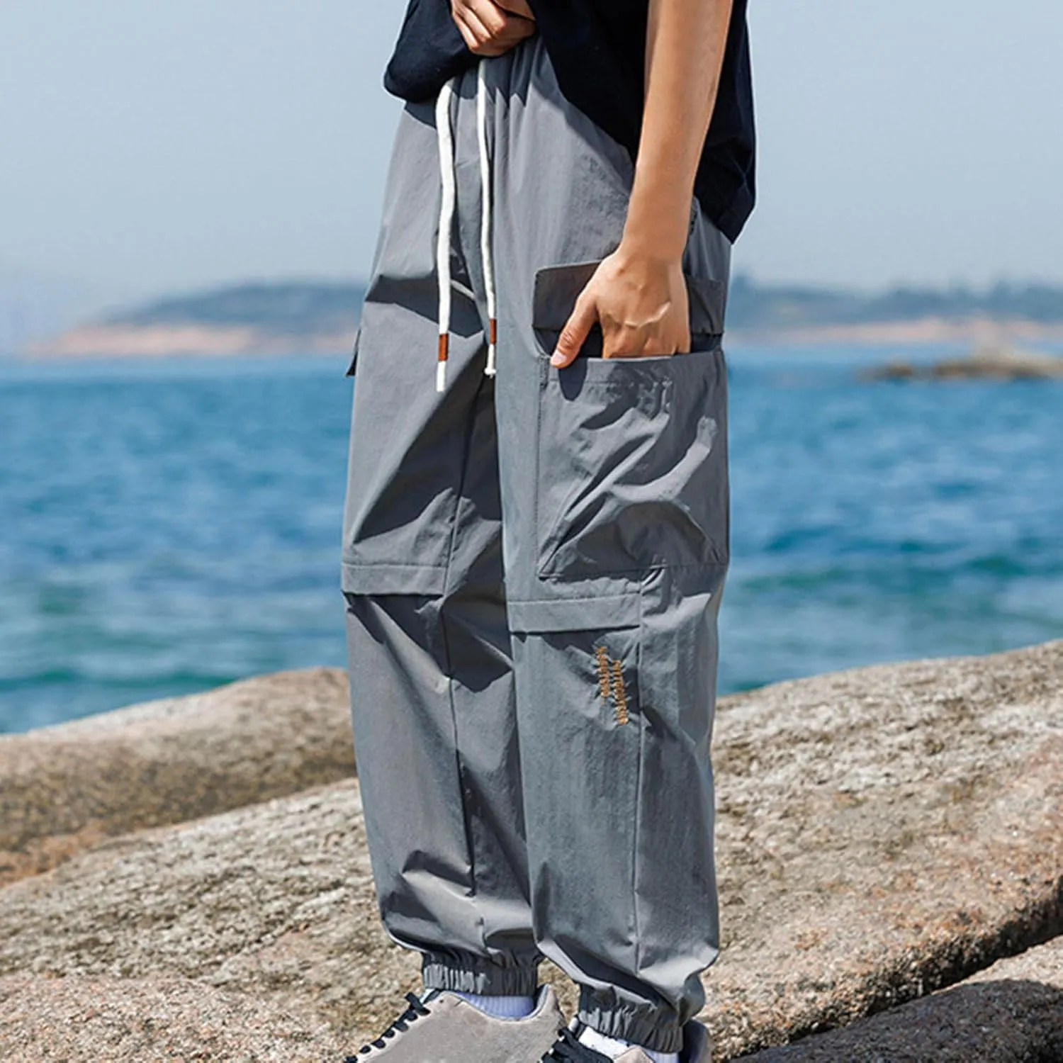 Outdoor Hiking Pants for Men Plus Size Solid Loose Fit Trouser Casual Fashion Elastic Waist Comfy Pant with Pockets