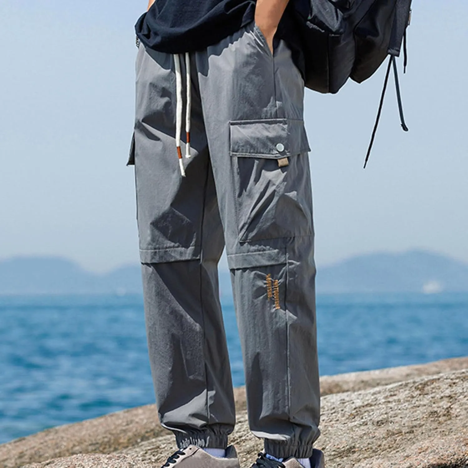Outdoor Hiking Pants for Men Plus Size Solid Loose Fit Trouser Casual Fashion Elastic Waist Comfy Pant with Pockets