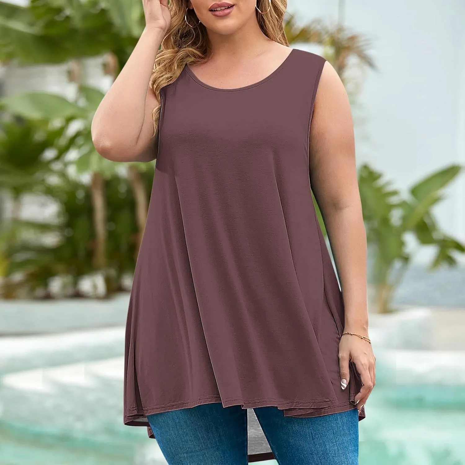 Plus Size Womens Tank Tops Round Neck Loose Fitting Sleeveless Tshirts Pleated Summer Flowy Maternity Tunic Top