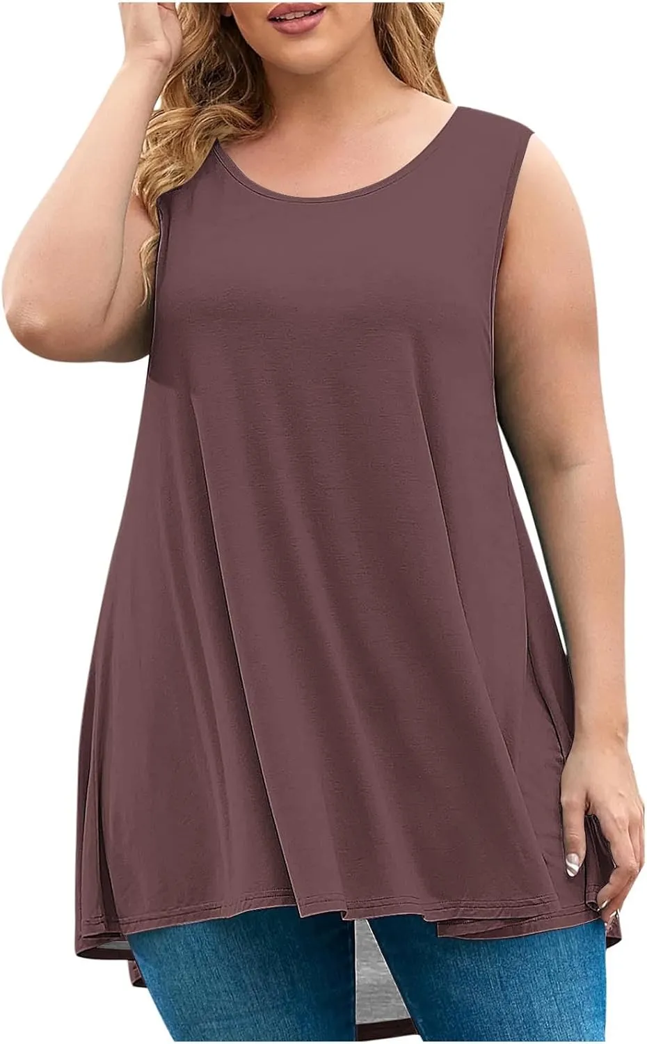 Plus Size Womens Tank Tops Round Neck Loose Fitting Sleeveless Tshirts Pleated Summer Flowy Maternity Tunic Top